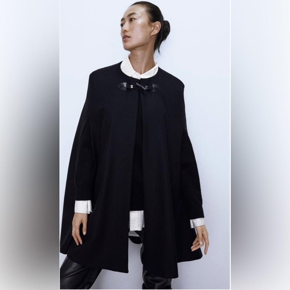 New Zara Manteco Wool Cape Size S Black